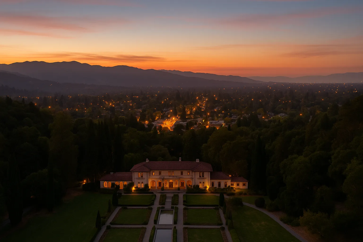 Landscape-oriented aerial dusk image of Saratoga highlighting the Montalvo Arts Center’s villa and gardens softly lit in the foreground, downtown Saratoga glowing beyond, oak-dotted hills framing the scene, and a smooth gradient sky from sunset gold to twilight blue.
